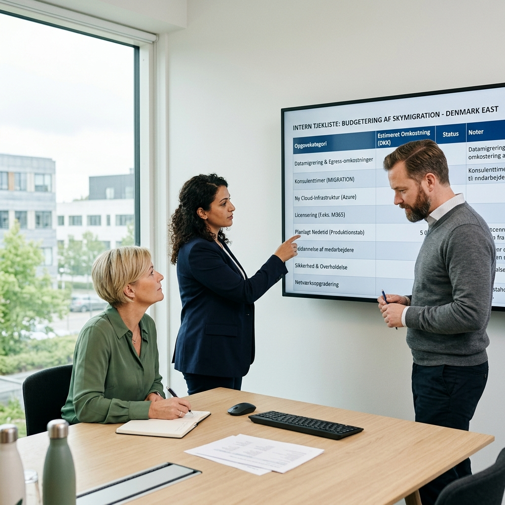 Tjekliste på skærm til budget for cloud-migrering med egress, nedetid og konsulenttimer