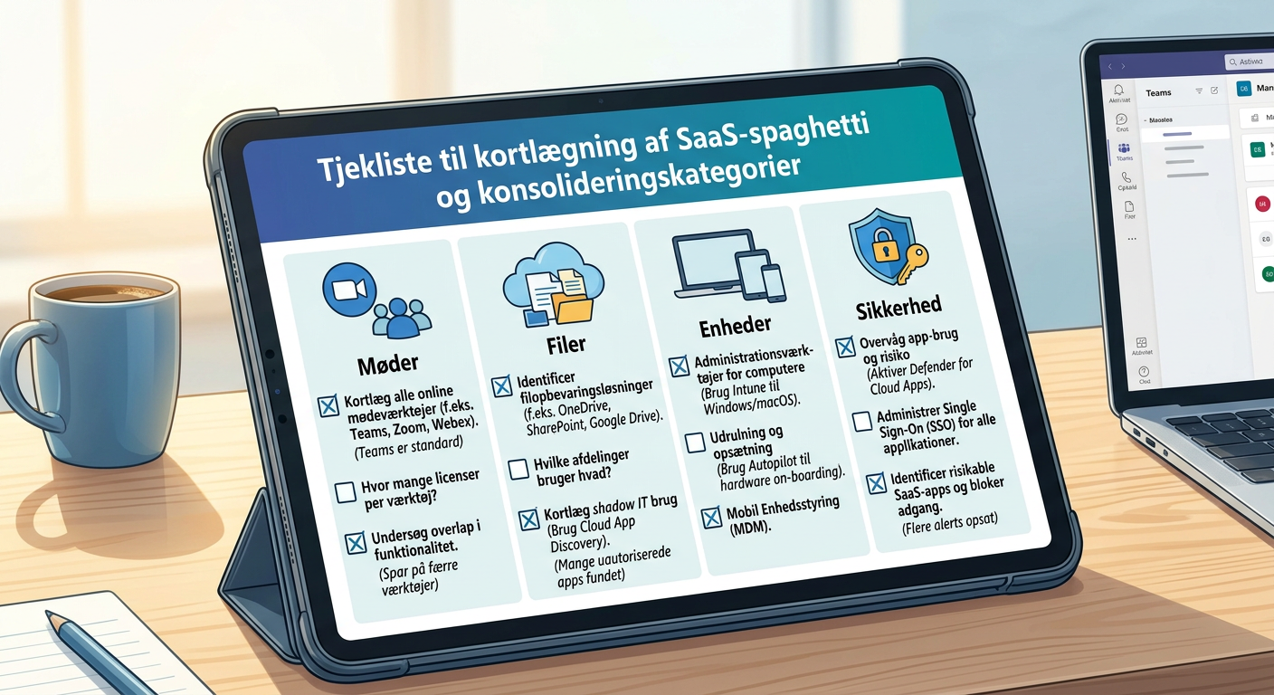Tjekliste for IT-konsolidering i Microsoft 365 med felter for møder, filer, enheder og sikkerhed