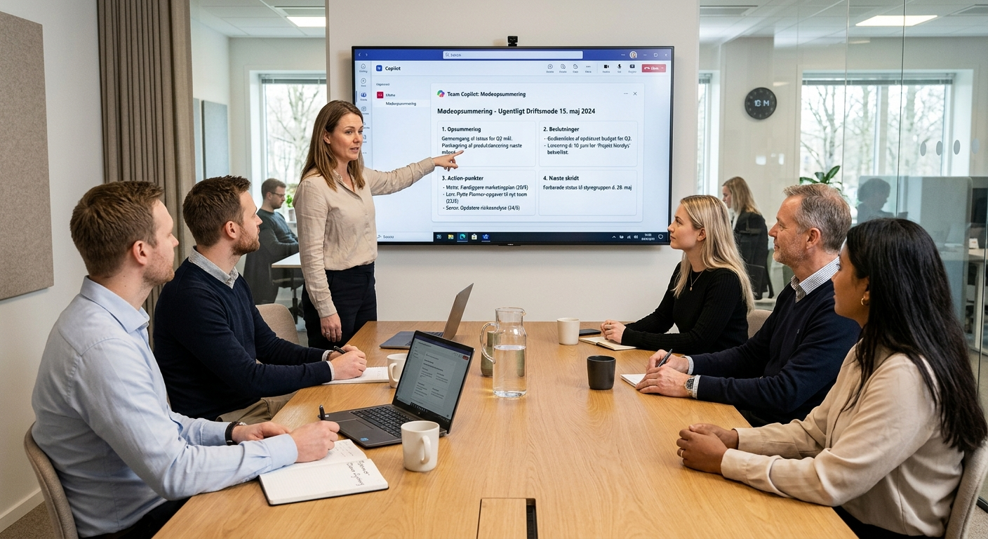 Teams-møde med Copilot der opsummerer beslutninger og action points