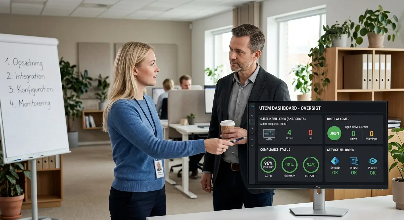 Dashboard der viser Microsoft 365 tenant-konfigurationer, snapshots og drift-alarmer med fokus på compliance