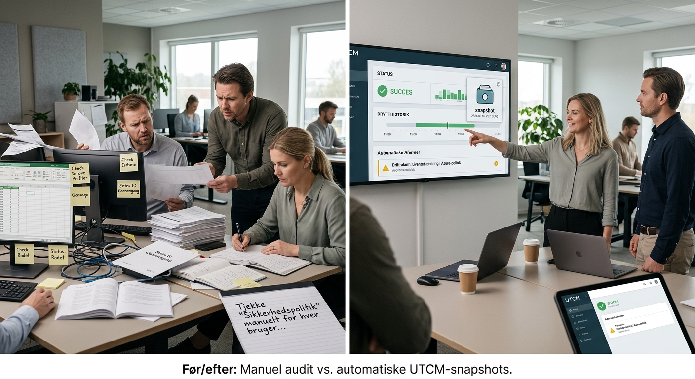 Illustration af før/efter: manuel Microsoft 365 audit kontra automatiske UTCM snapshots og monitorering