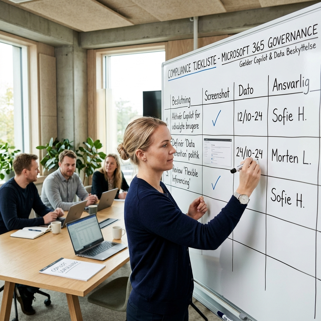 Placeholder af tjekliste til audit: beslutning, screenshot, dato og ansvarlig for Copilot-indstillinger
