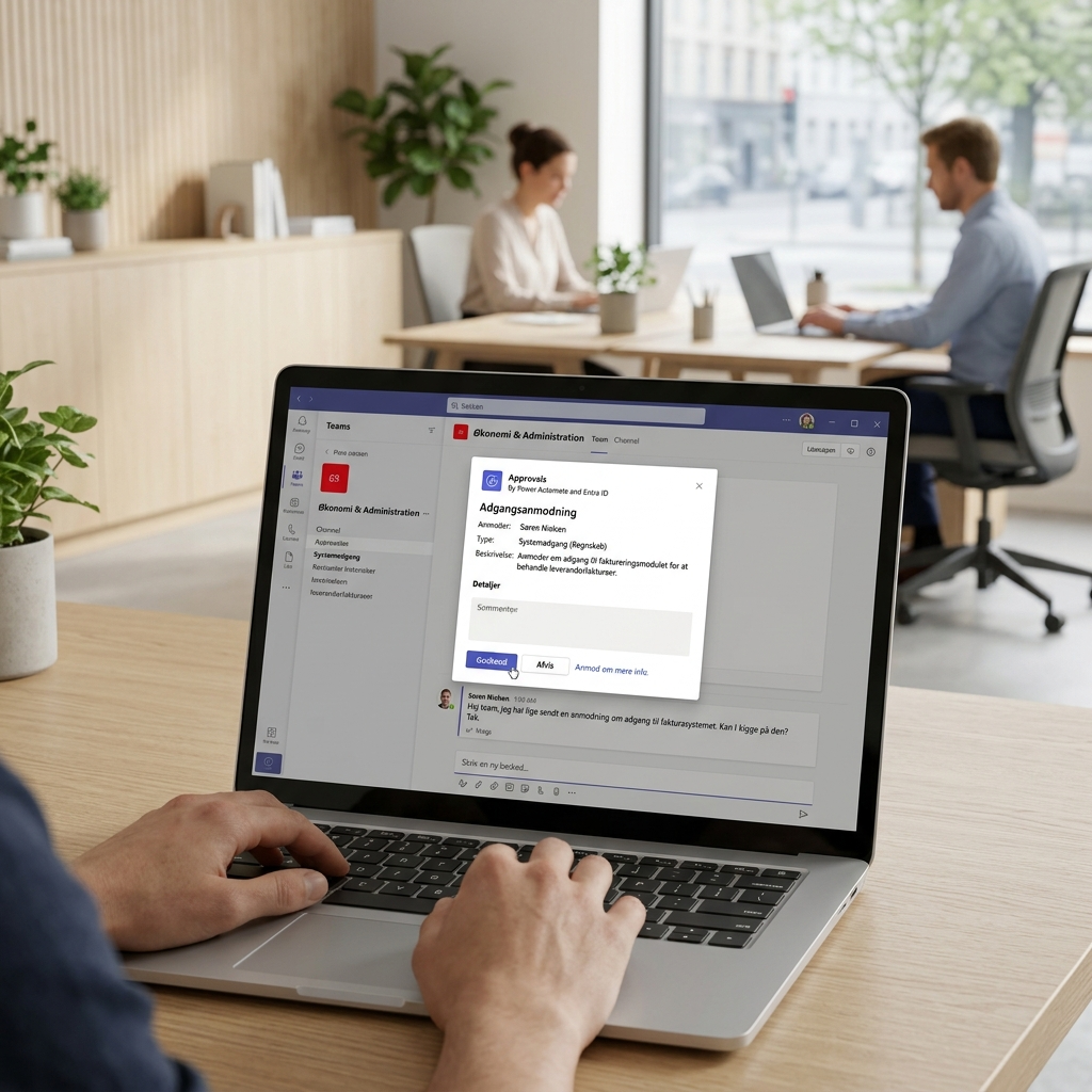 Eksempel på godkendelsesflow i Teams for faktura og adgangsanmodninger