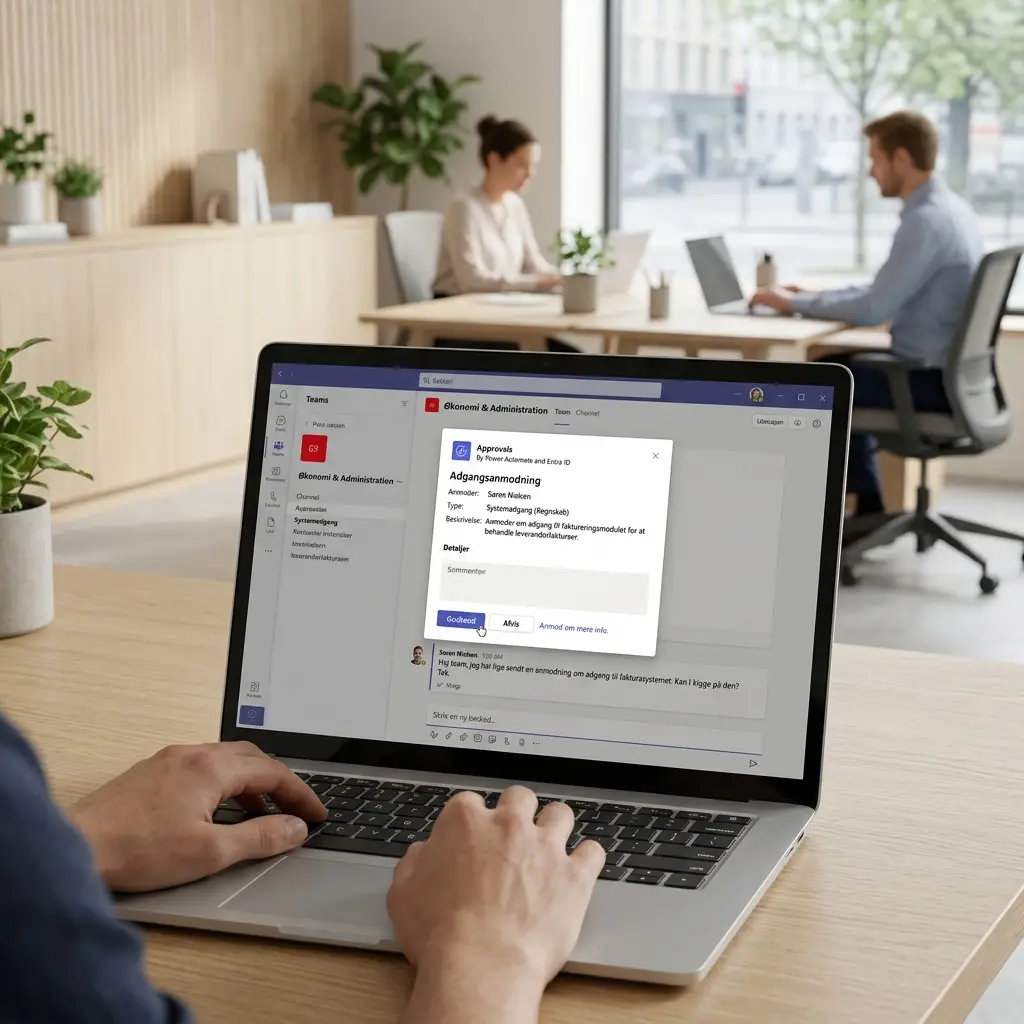 Eksempel på godkendelsesflow i Teams for faktura og adgangsanmodninger