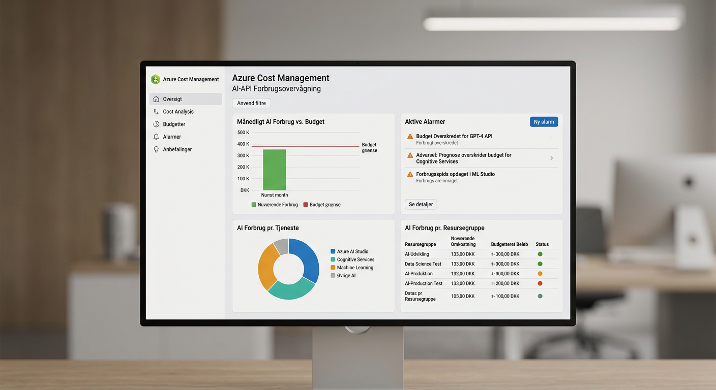 Dashboard i Azure Cost Management med budgetter og alarmer for AI-forbrug
