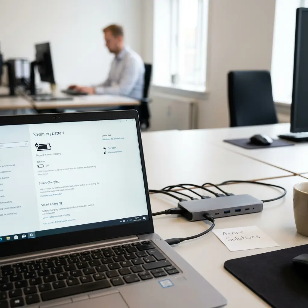 Bærbar arbejds-pc på skrivebord med docking og strømstyring for sluk, dvale og batteripleje