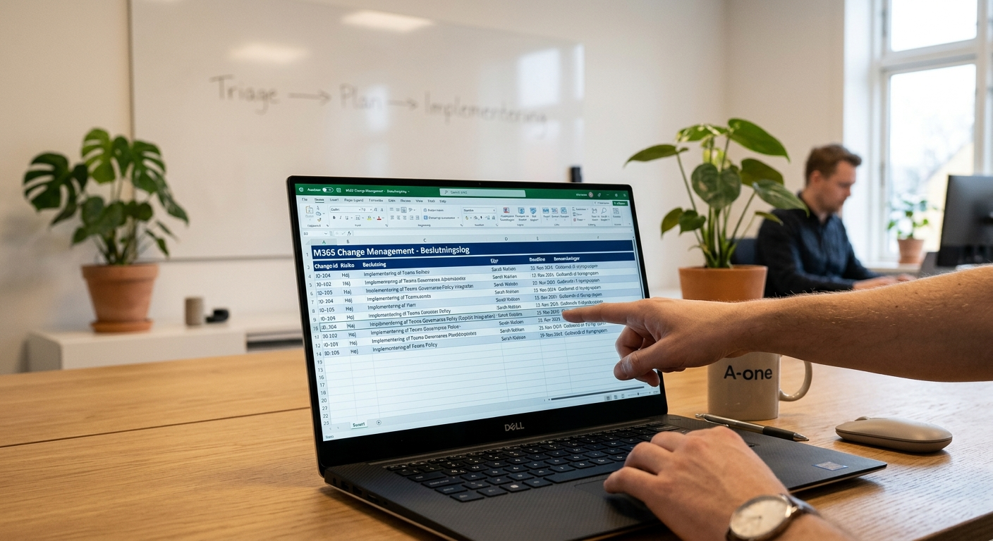 Skabelon til beslutningslog for Microsoft 365 changes med risiko, ejer og deadline