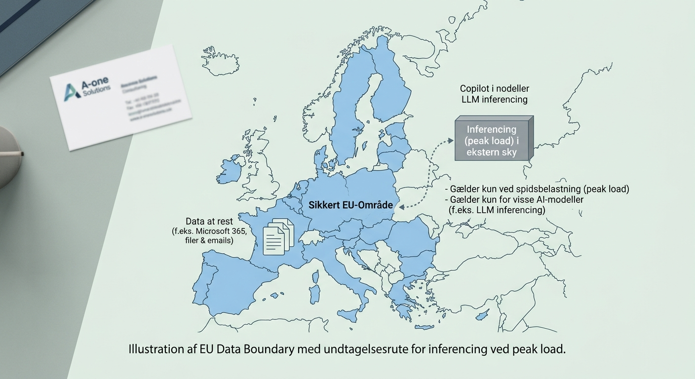 Illustration-placeholder af EU Data Boundary med en undtagelsesrute for Copilot inferencing ved peak load