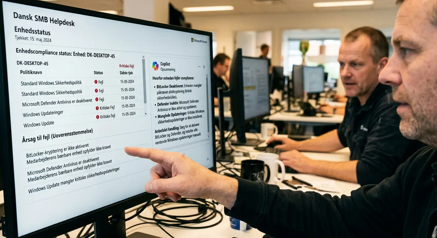 Skærm med Intune compliance-rapport og Copilot-resumé af hvorfor en enhed fejler