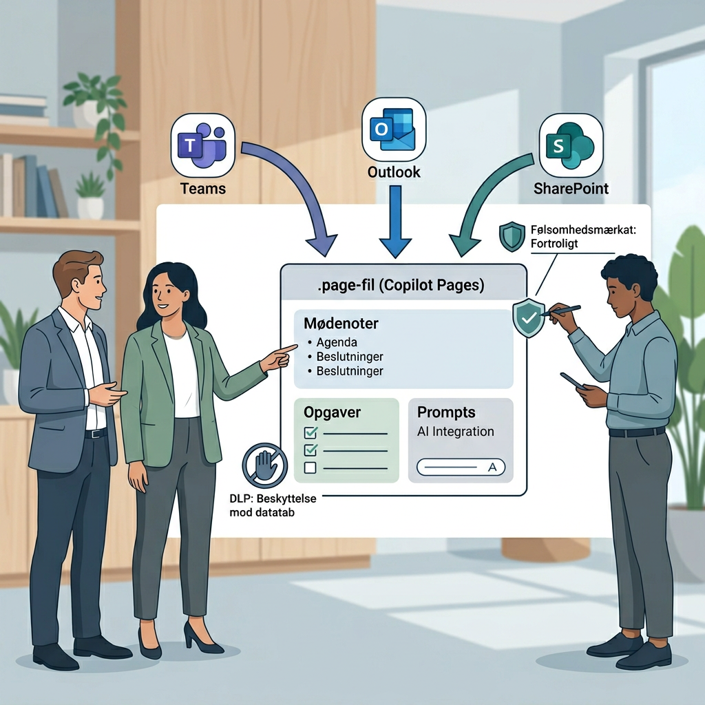 Illustration af Copilot Pages som delt arbejdsflade mellem Teams, Outlook og SharePoint