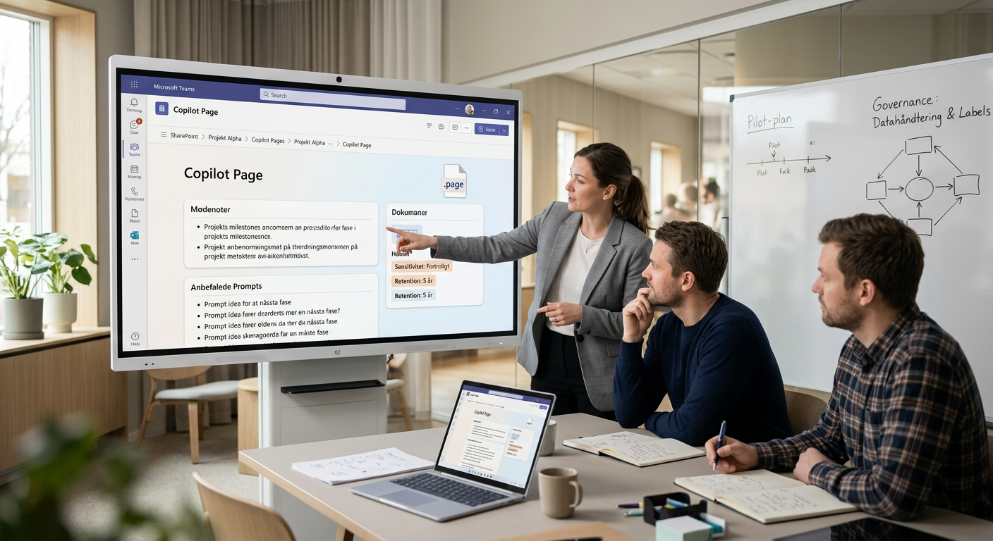 Team der samarbejder i Copilot Pages med delt lærred, labels og opgaver i Teams