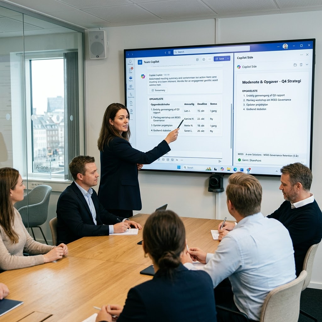 Team Copilot i Teams møde der opretter opgaver og status, som samles i en Copilot Page