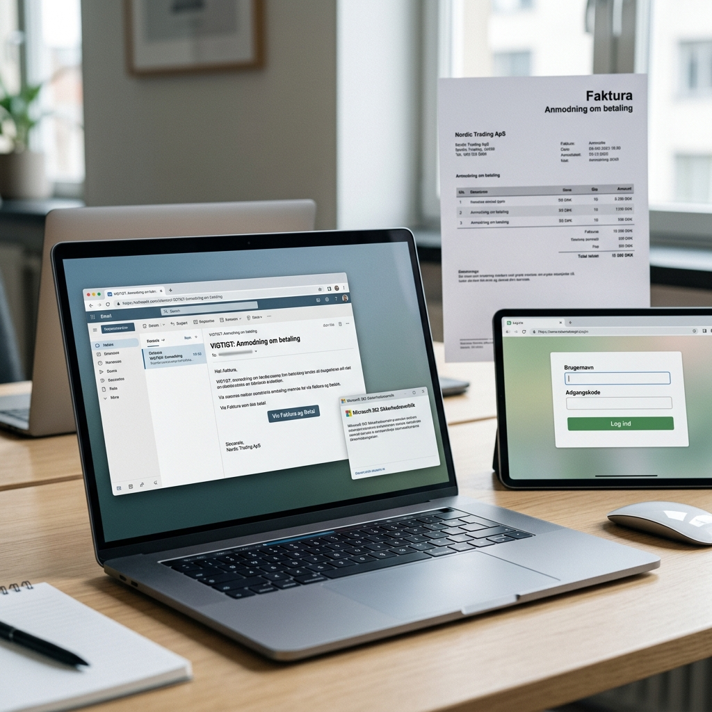 Illustration af phishing-mail, login og betaling som typisk angrebskæde mod en virksomhed
