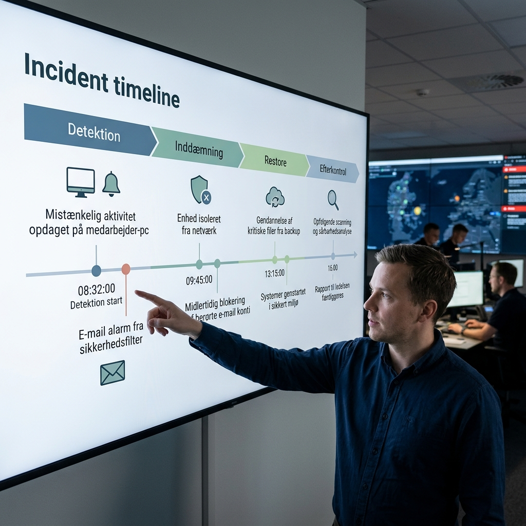 Incident timeline med detektion, inddæmning og restore som del af IT-beredskab