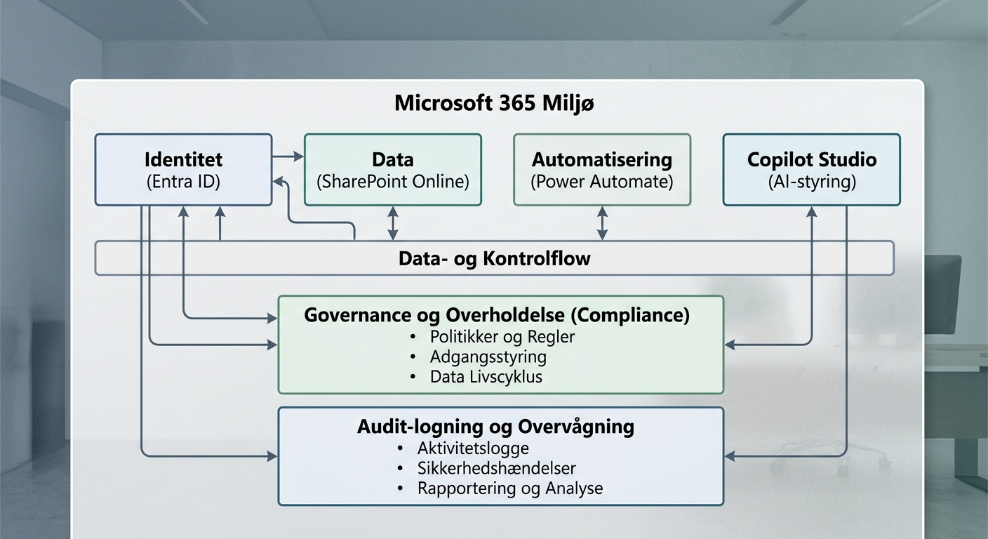 Diagram af Microsoft 365 med Entra ID, SharePoint, Power Automate og Copilot Studio koblet til governance og logning