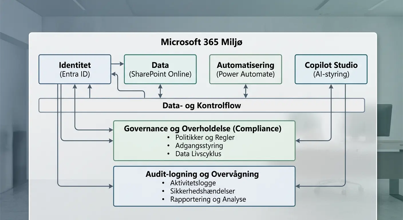 Diagram af Microsoft 365 med Entra ID, SharePoint, Power Automate og Copilot Studio koblet til governance og logning