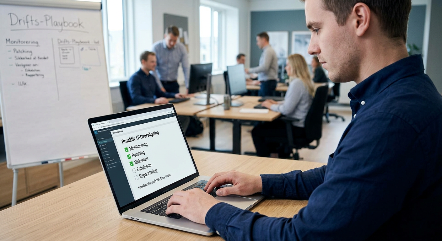 Tjekliste på skærm for proaktiv IT-overvågning, patching og eskalation i et MSP-setup