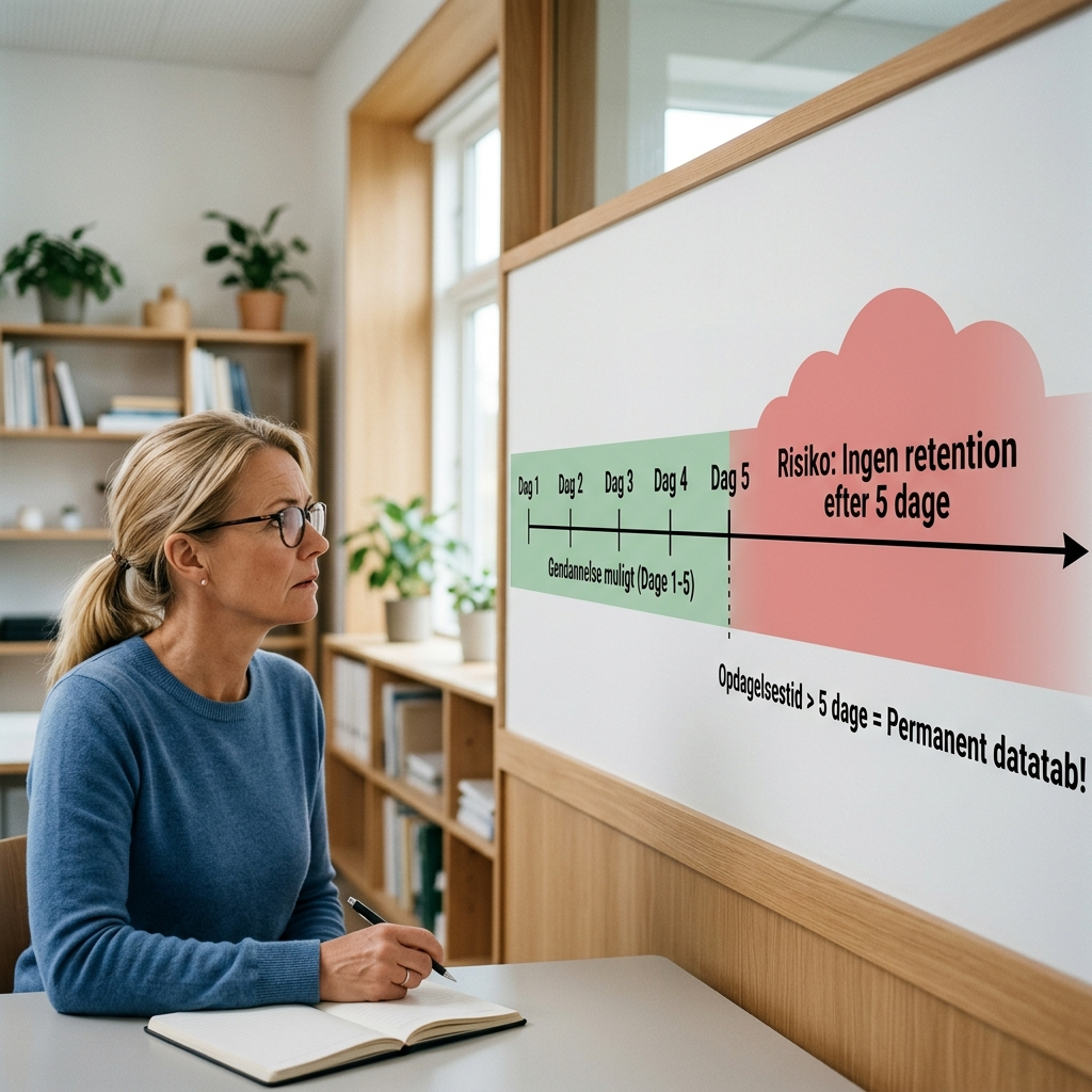 Illustration af 5-dages backup-vindue med markering af risiko ved forsinket opdagelse