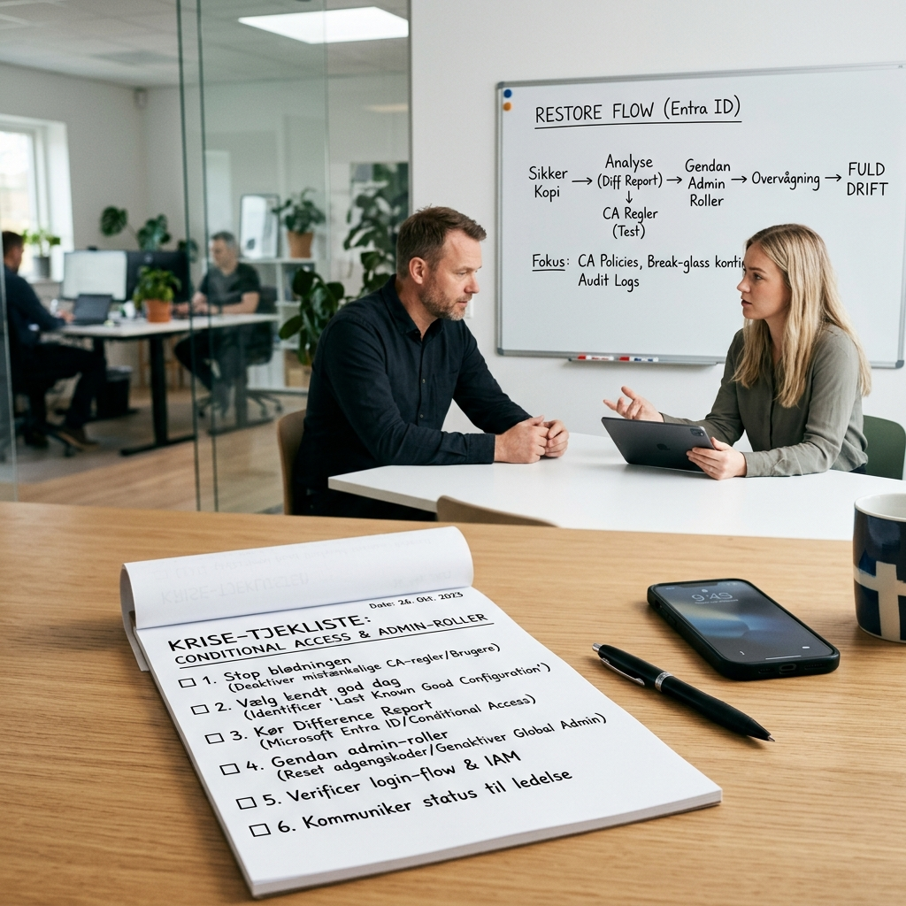 Tjekliste-boks til krisehåndtering med fokus på Conditional Access og admin-roller