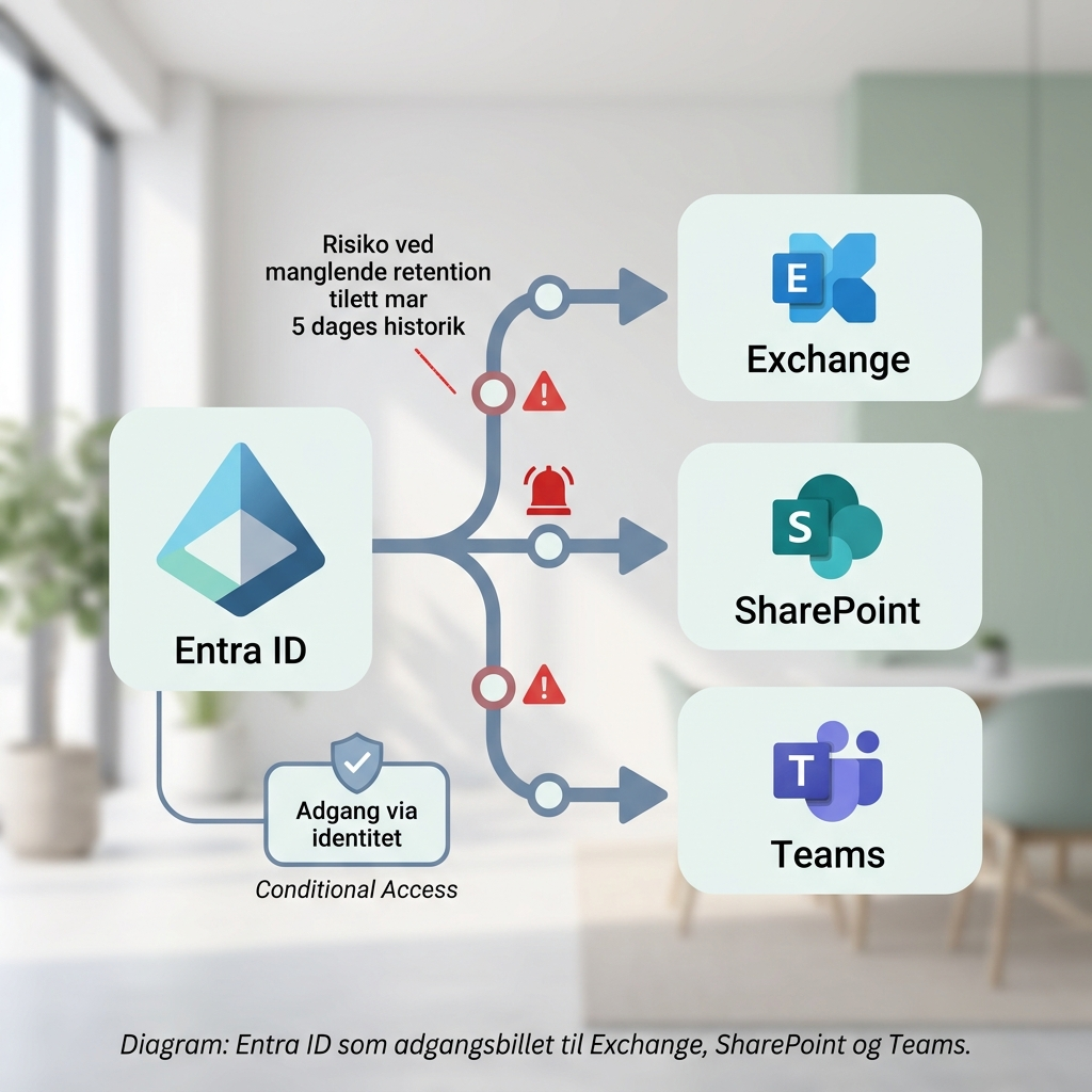 Diagram der viser afhængighed: Entra ID (identitet) før adgang til Exchange, SharePoint og Teams
