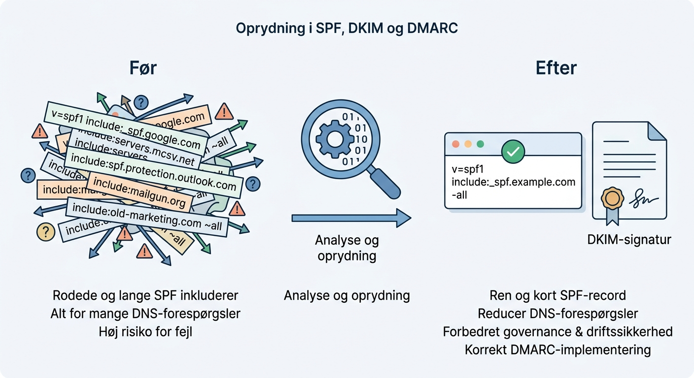 Illustration af SPF DKIM DMARC oprydning efter udfasning af tredjeparts SMTP-tjenester