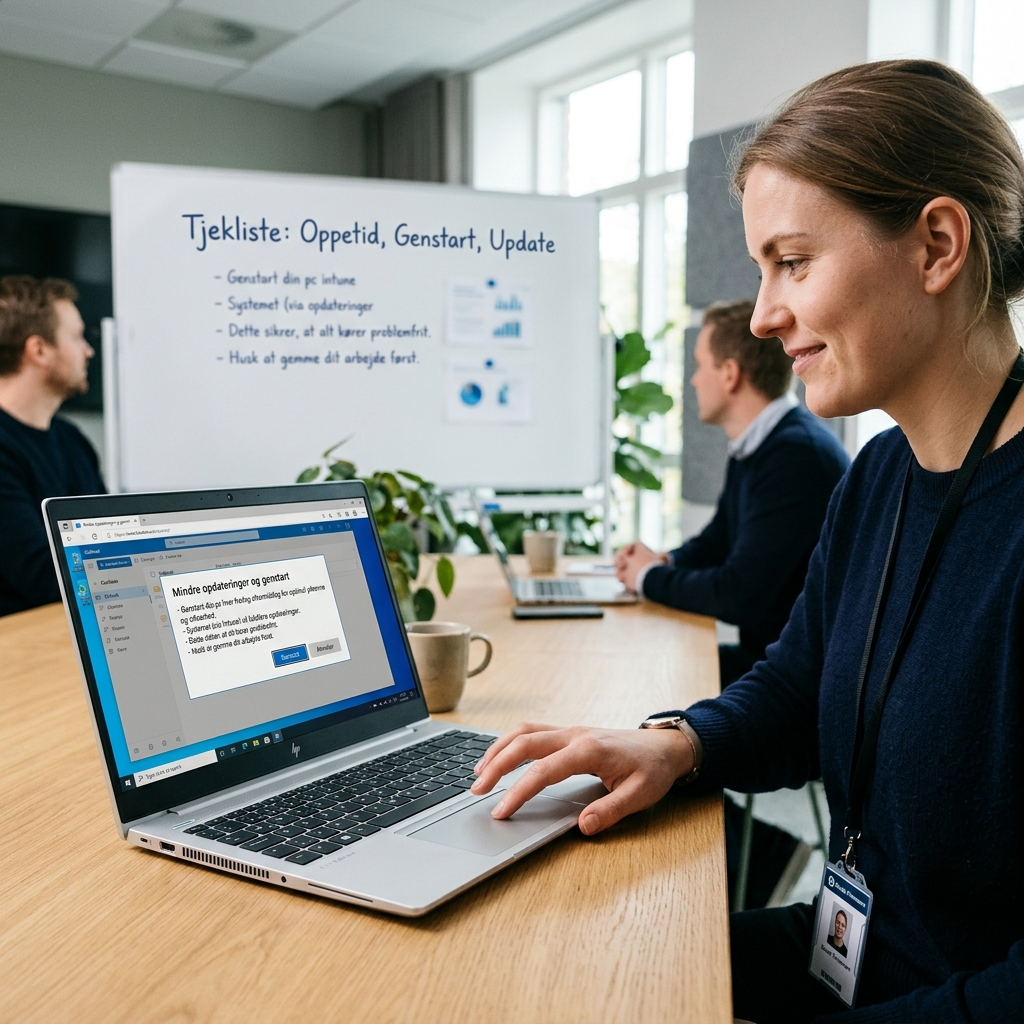 Medarbejder genstarter Windows-bærbar for at færdiggøre opdateringer og forbedre sikkerhed