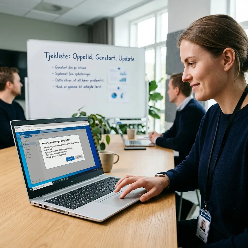 Medarbejder genstarter Windows-bærbar for at færdiggøre opdateringer og forbedre sikkerhed