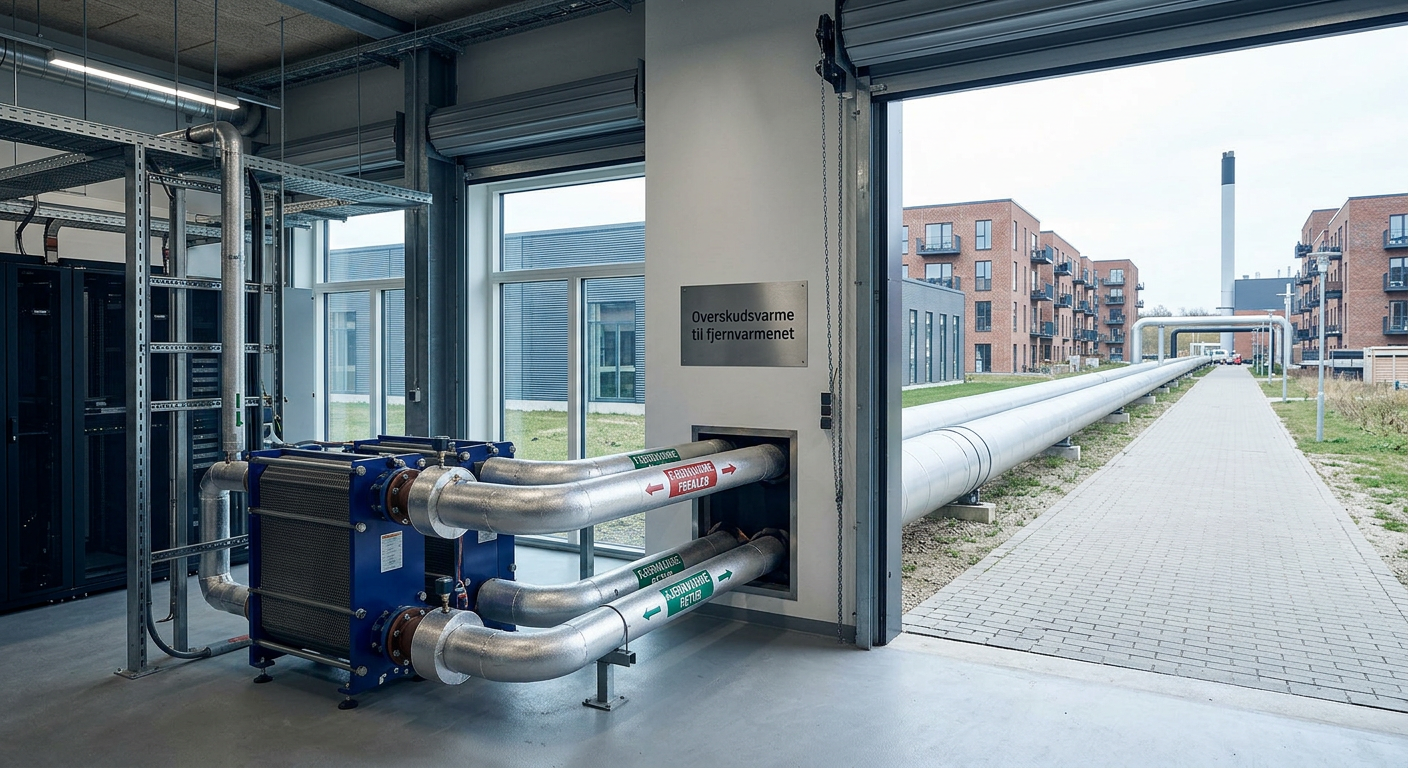 Illustration af overskudsvarme fra datacenter der sendes til fjernvarmenettet via VEKS