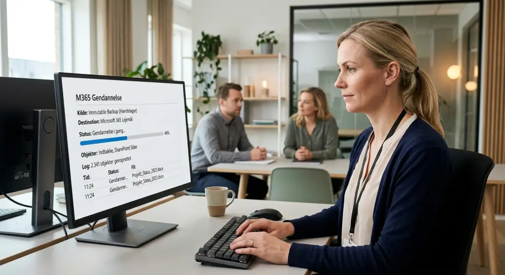 IT-administrator udfører gendannelse i Microsoft 365 med immutable backup til SMB