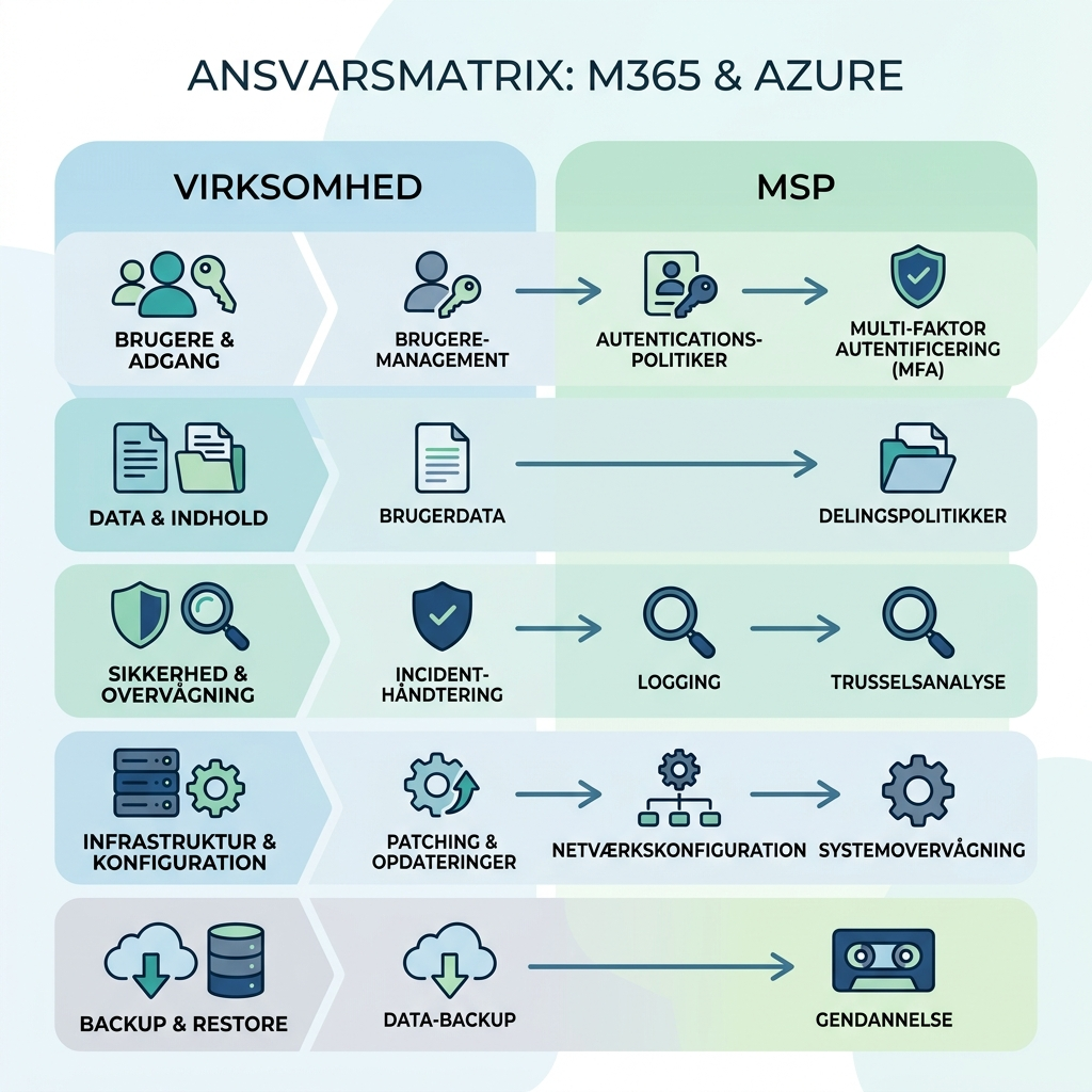 Diagram over ansvar mellem virksomhed og MSP for Microsoft 365 og Azure