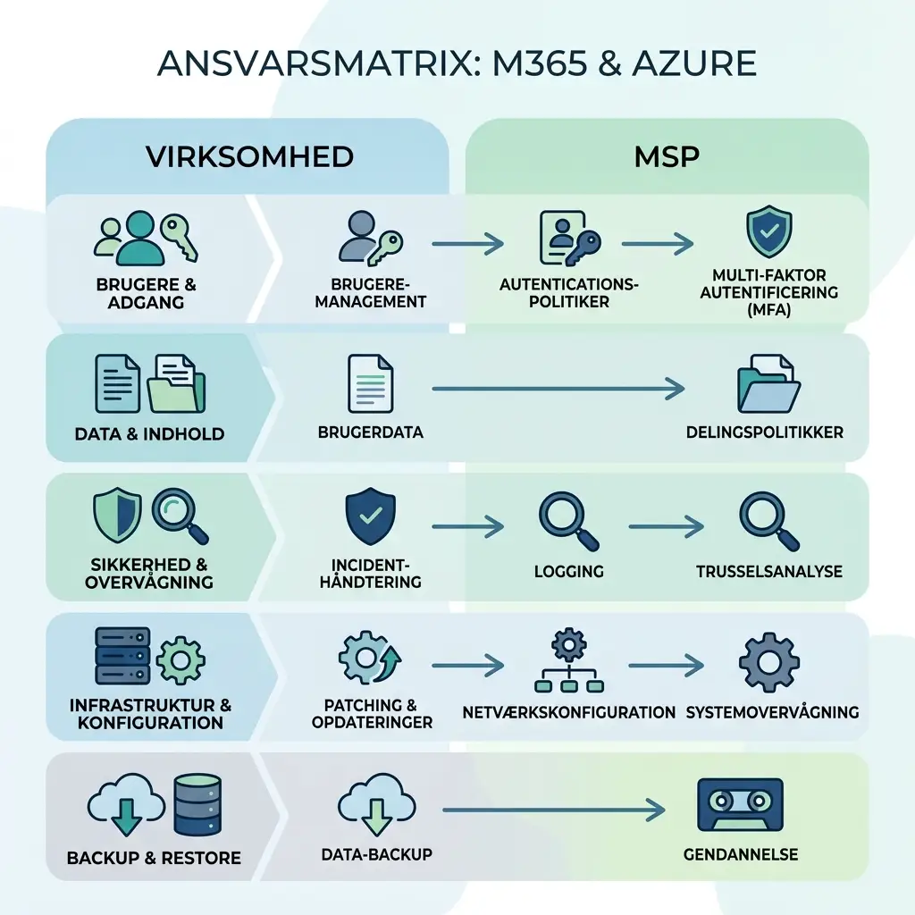 Diagram over ansvar mellem virksomhed og MSP for Microsoft 365 og Azure