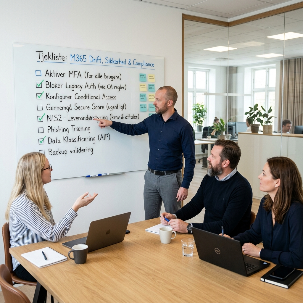 Tjekliste på whiteboard for M365 drift, sikkerhed og compliance