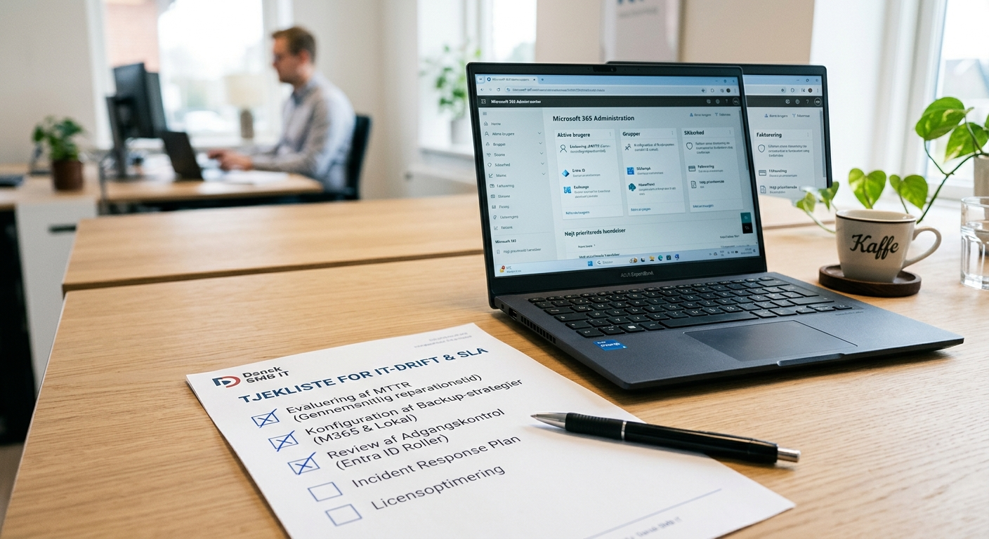 Tjekliste på papir ved siden af laptop med Microsoft 365 admin-skærm