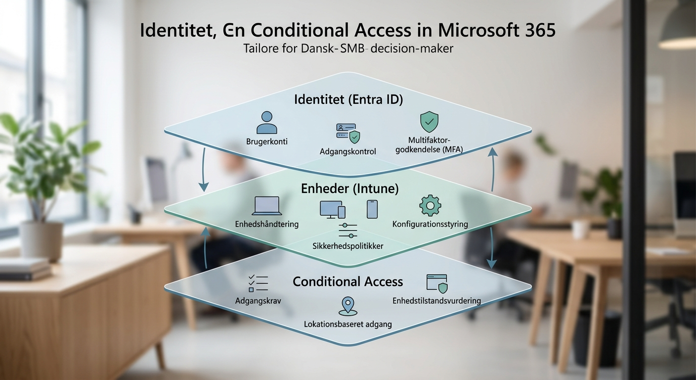 Diagram over identitet, enheder og Conditional Access som lag i Microsoft 365 sikkerhed