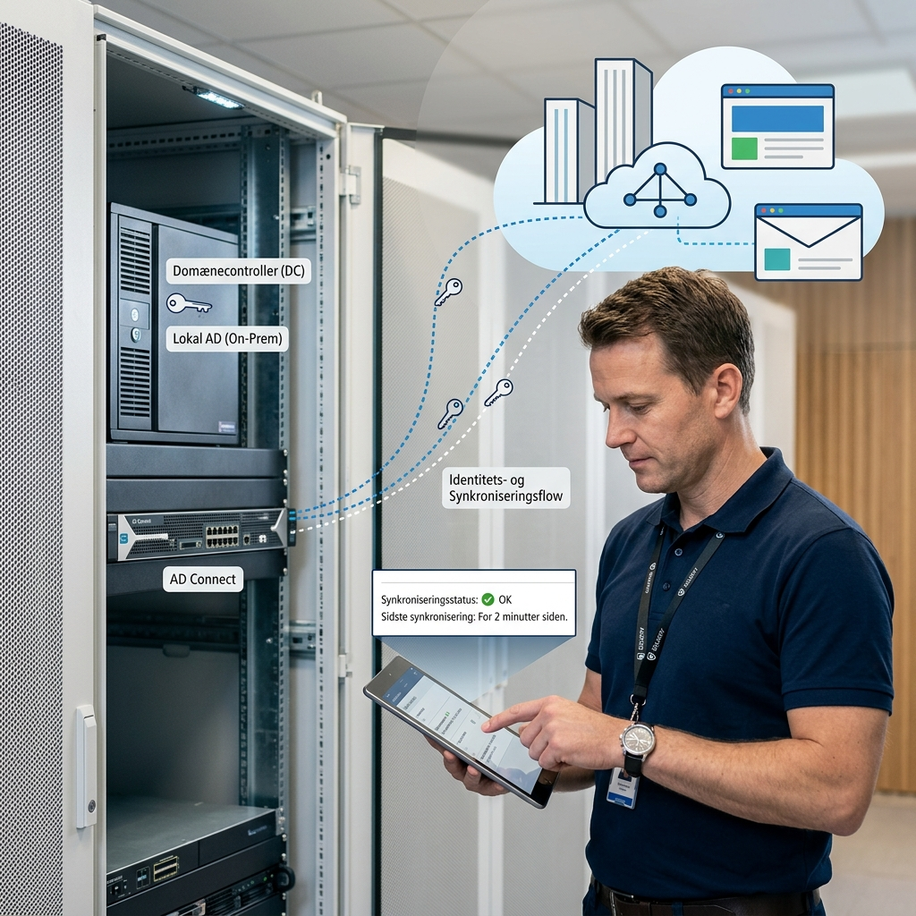 Illustration af hybrid identitet mellem on-prem Active Directory og Microsoft 365/Entra ID