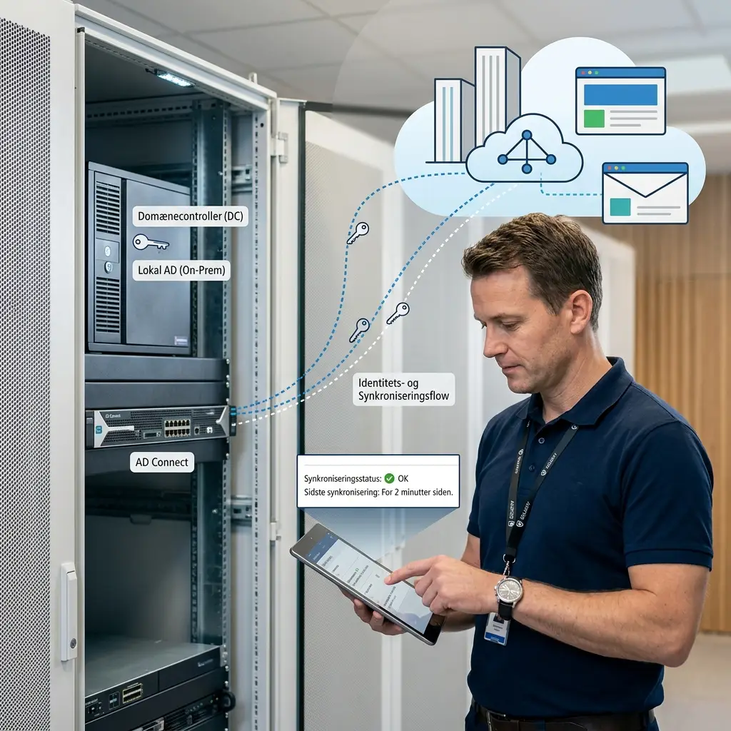 Illustration af hybrid identitet mellem on-prem Active Directory og Microsoft 365/Entra ID