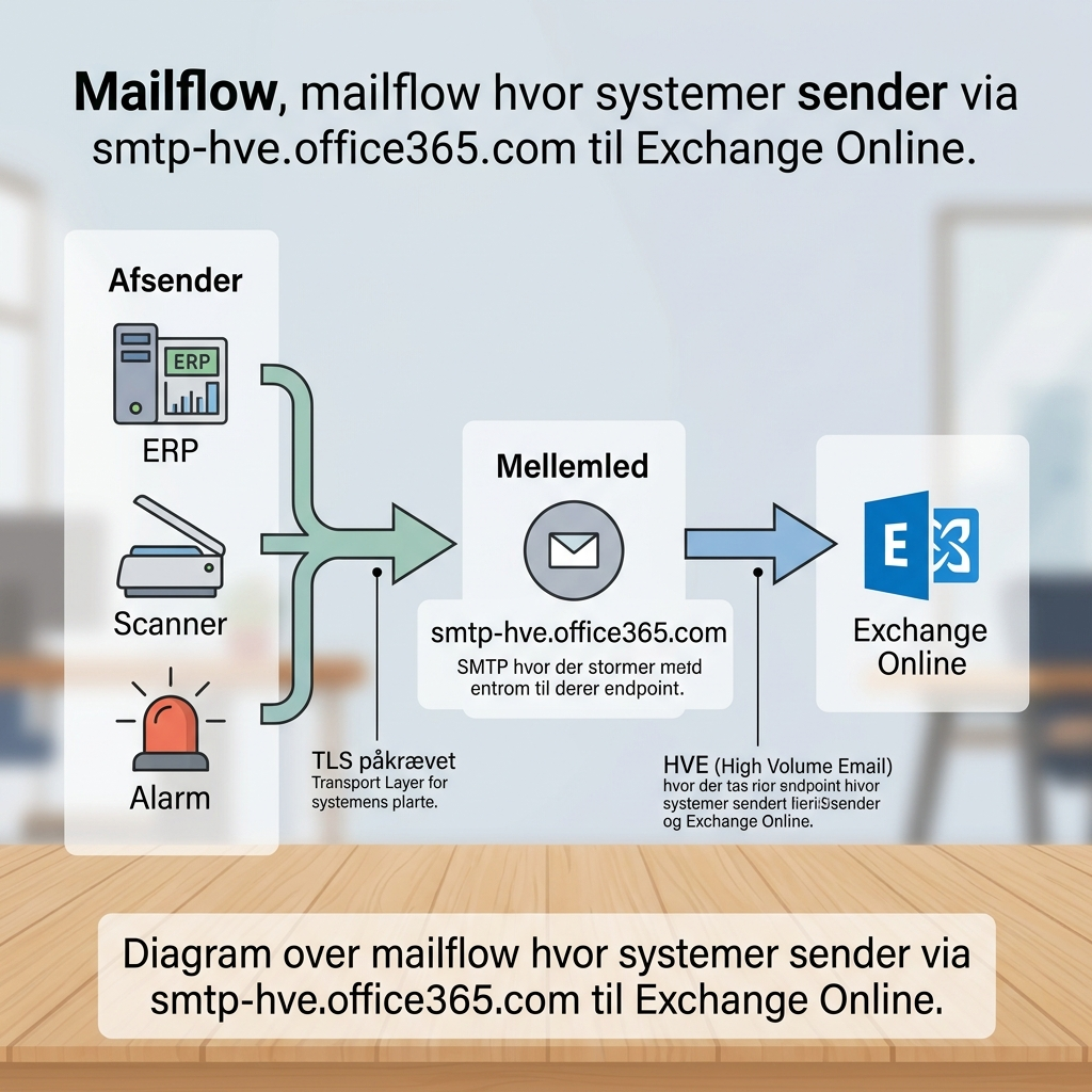 Diagram over mailflow hvor systemer sender via smtp-hve.office365.com i Exchange Online