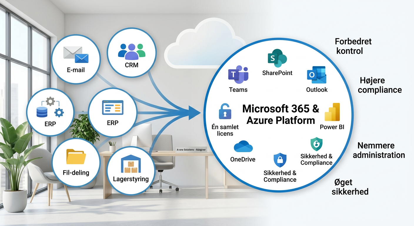 Diagram over konsolidering af IT-systemer til Microsoft 365 og Azure for bedre compliance