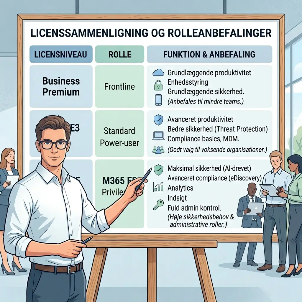 Skematisk sammenligning af licensniveauer og krav pr. rolle