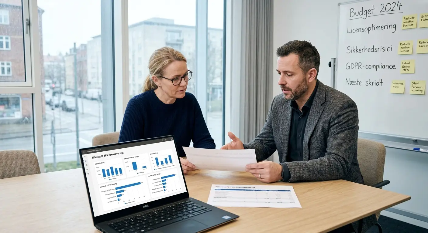 CFO og IT-chef gennemgår Microsoft 365 licenser, sikkerhed og budget i en virksomhed