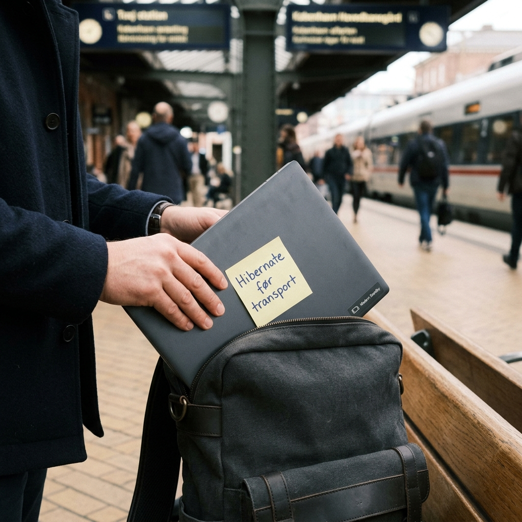 Bærbar pc der lægges i taske: anbefaling om Hibernate for at undgå Modern Standby overophedning