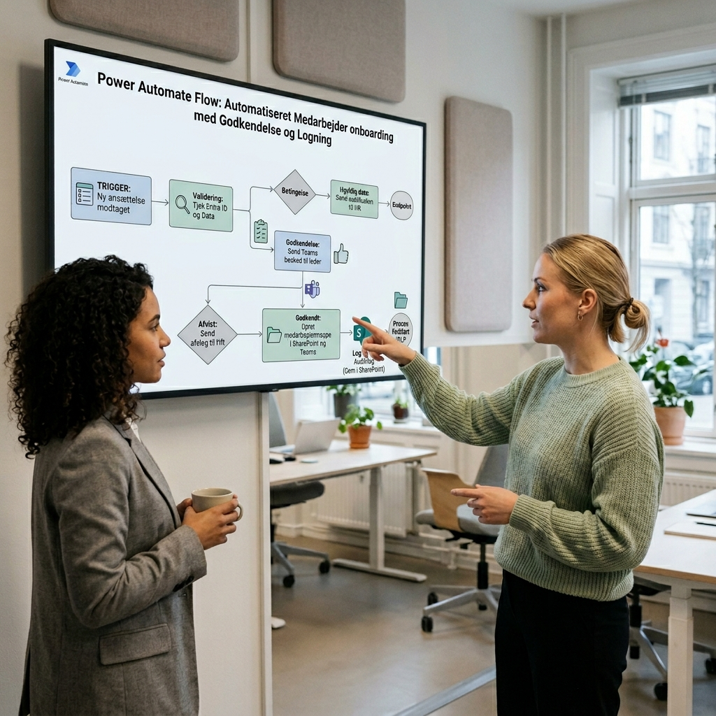 Skematisk oversigt over Power Automate-flow med godkendelser i Teams og logging til SharePoint