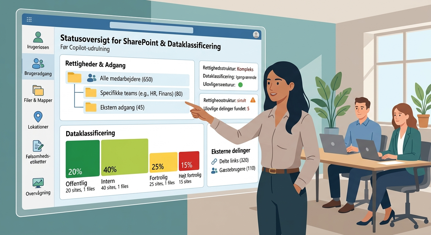 Skærmbillede-illustration af SharePoint rettigheder og dataklassificering før Copilot udrulning