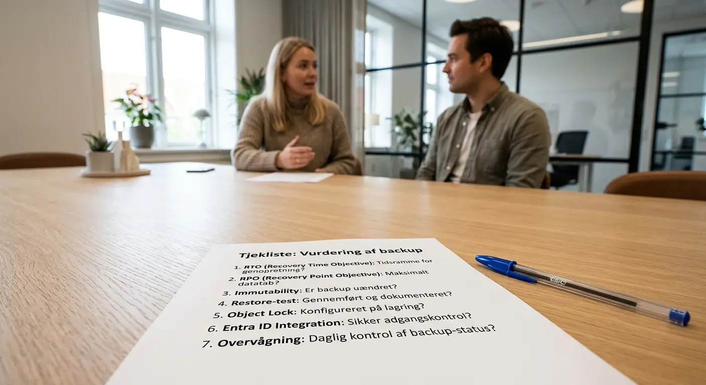 Tjekliste på papir med punkter for RTO, RPO, immutability og restore-test