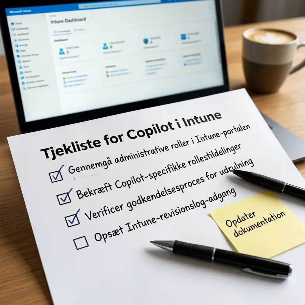 Tjekliste på papir med punkter om roller, godkendelse og audit-log for Copilot i Intune