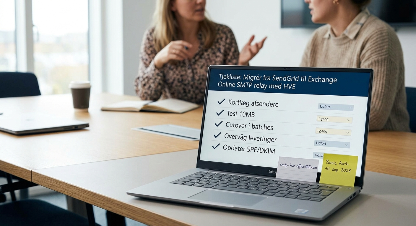 Tjekliste på skærm til migrering fra SendGrid til Exchange Online SMTP relay med HVE