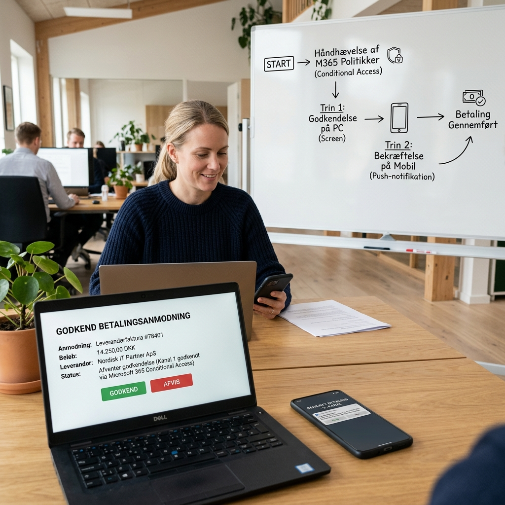 Skærm med godkendelsesflow for betaling og to-kanals verifikation i virksomheden
