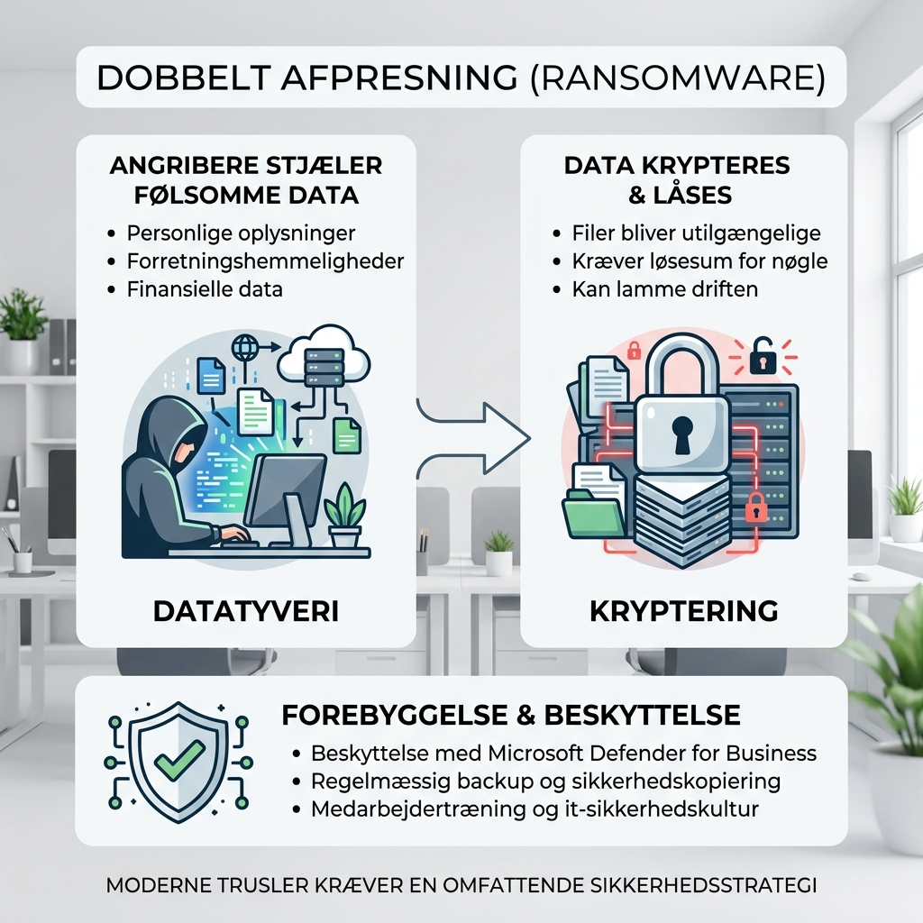 Diagram der viser dobbelt afpresning: datatyveri plus kryptering i et ransomware-angreb