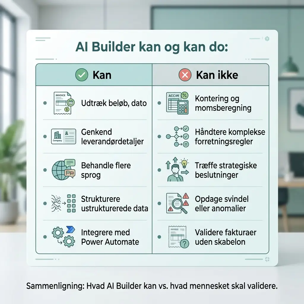 Tabel der sammenligner hvad AI Builder kan og ikke kan i fakturahåndtering