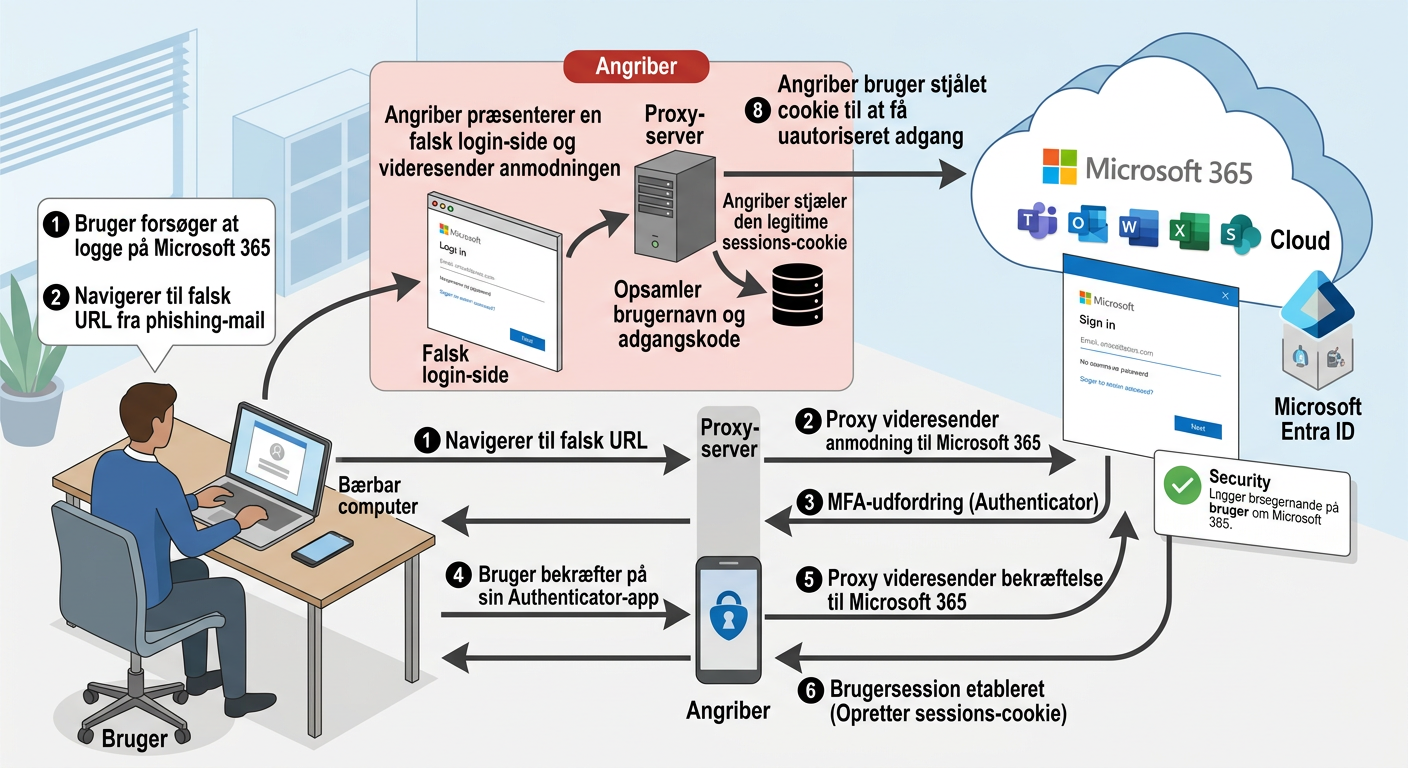 Diagram der viser hvordan et AiTM-angreb omgår Authenticator-app i Microsoft 365